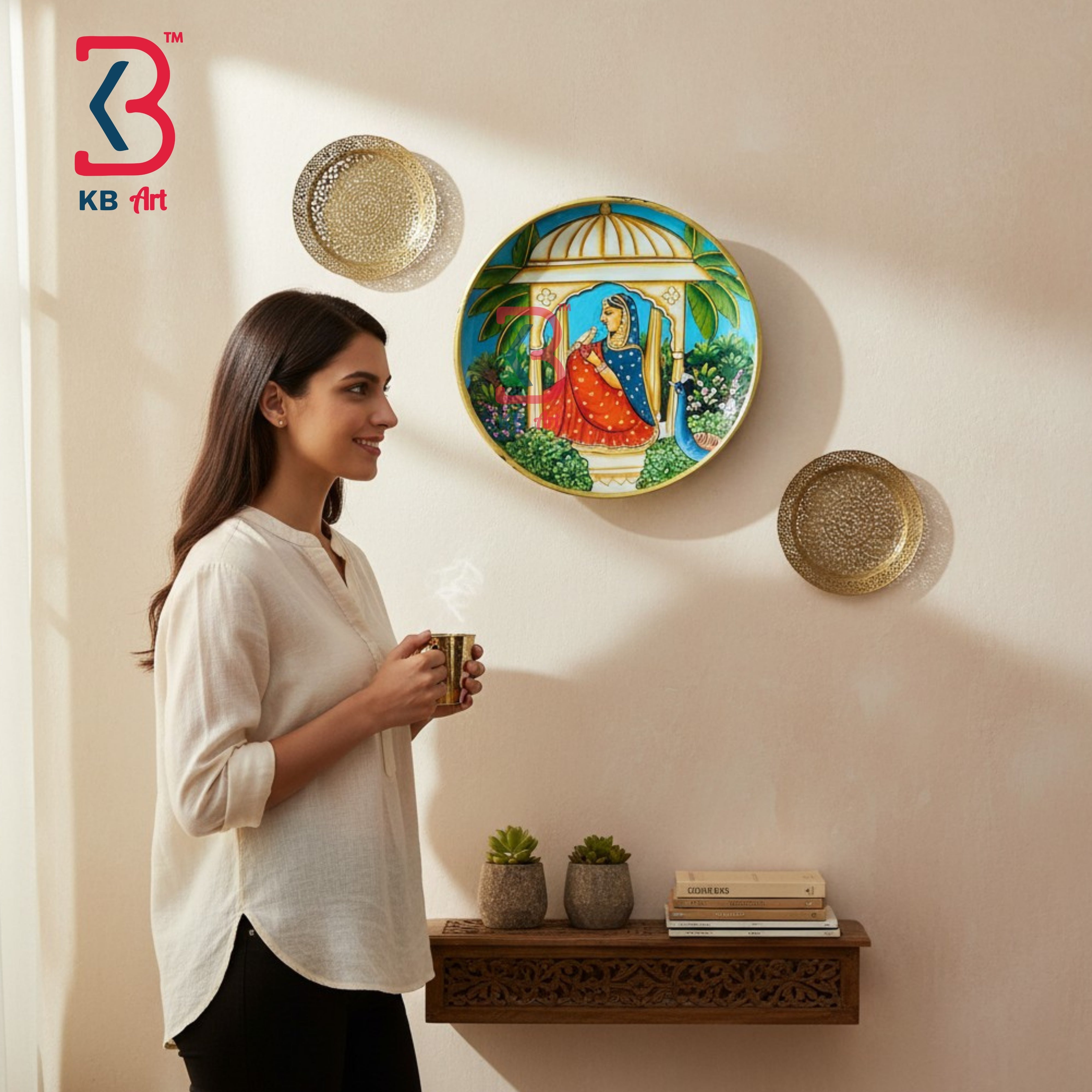 KB ART Vintage style round wood 12 inch wall plate mount pichwai nathdwara painting – original product photo on white...