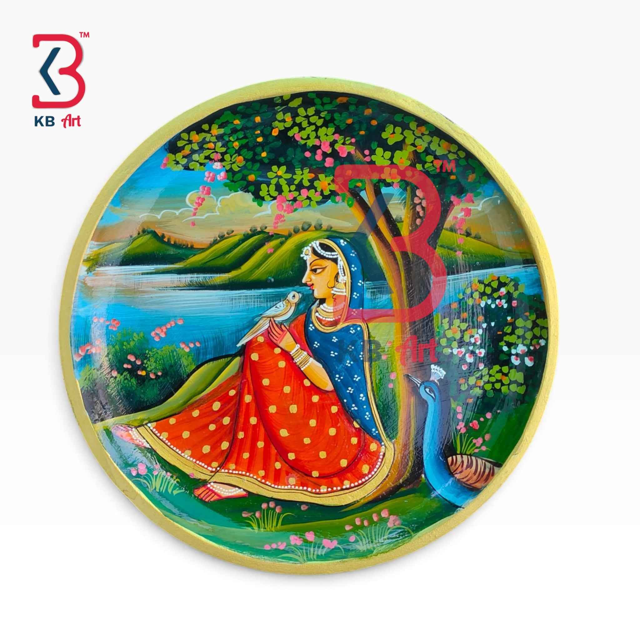 KB ART 12 Inch Handcrafted Wooden Wall Plate Royal Nayika Lakeside Tree Peacock Traditional Wall Decor