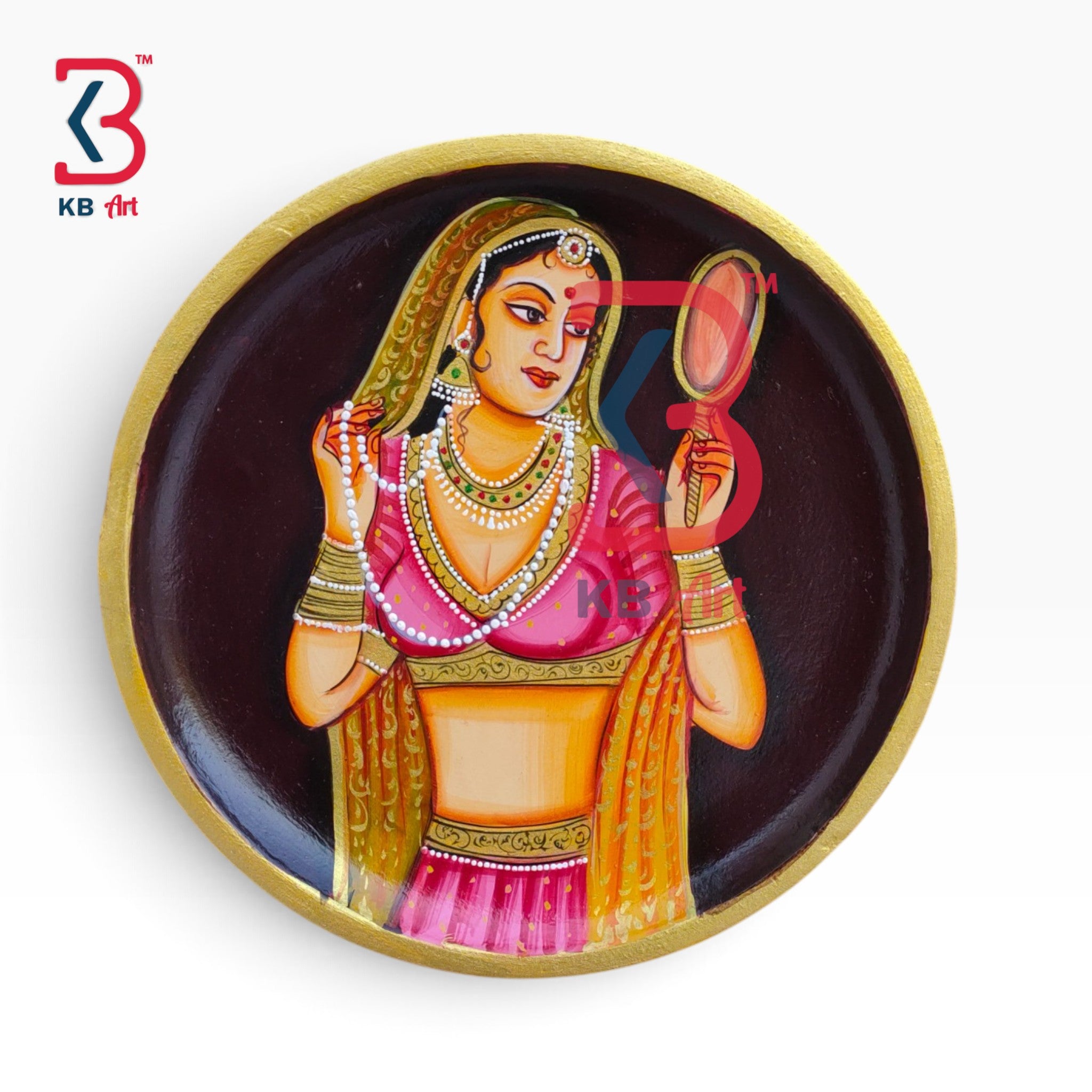 KB ART Artisan crafted wooden round plate hanging decor lady with mirror bani thanni paint – styled home decor lifestyle view