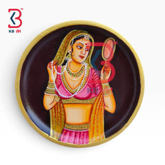 KB ART Artisan crafted wooden round plate hanging decor lady with mirror bani thanni paint – styled home decor lifestyle view