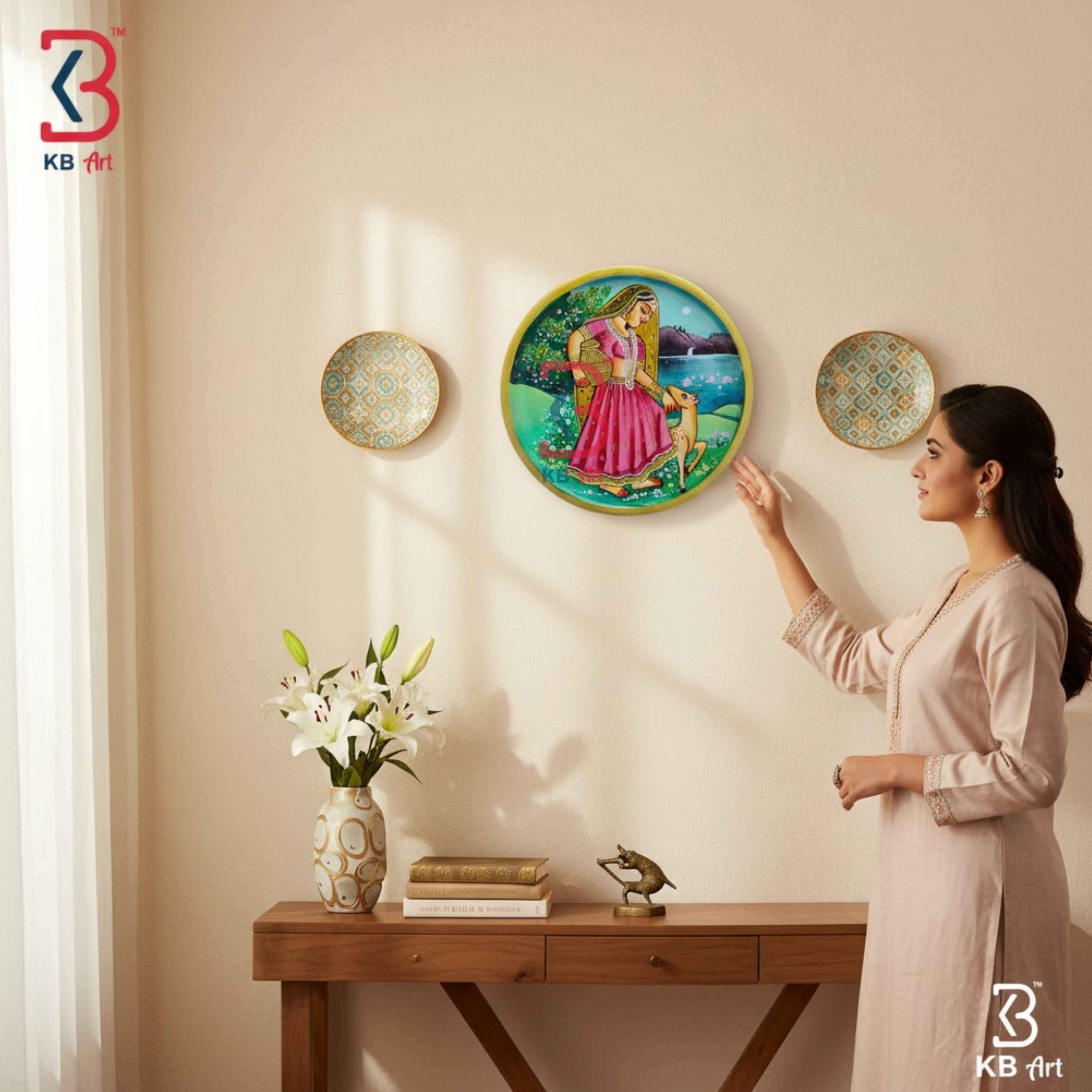 KB ART 12 Inch Handcrafted Wooden Wall Plate Bani Thani with Fawn Deer Lakeside Traditional Wall Decor