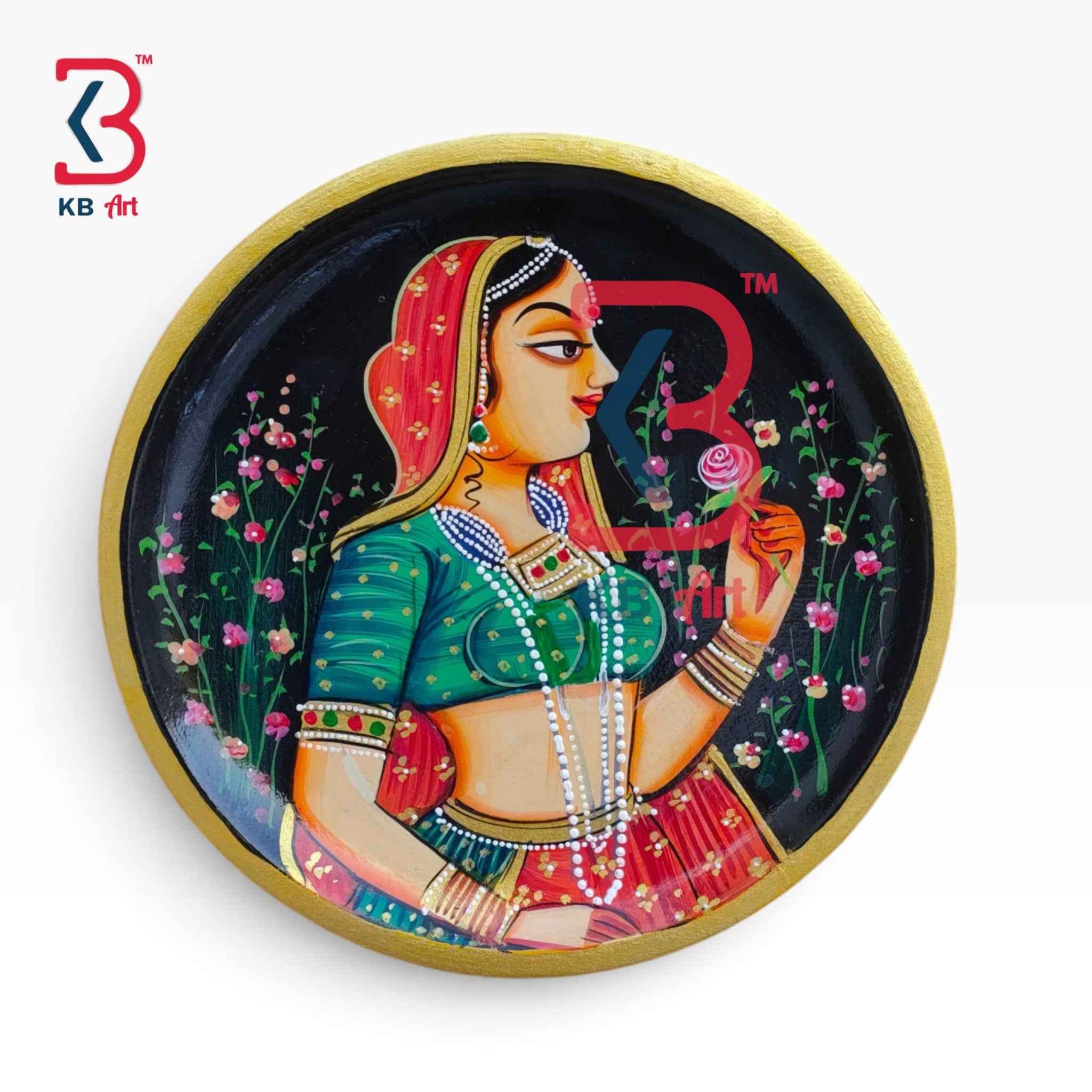KB ART 12 Inch Handcrafted Wooden Wall Plate Royal Rajput Queen Rani Holding Rose Traditional Wall Decor