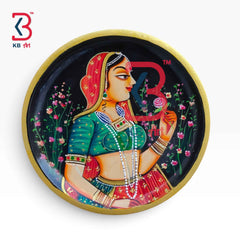 KB ART 12 Inch Handcrafted Wooden Wall Plate Royal Rajput Queen Rani Holding Rose Traditional Wall Decor
