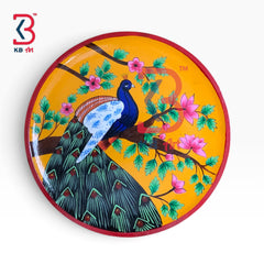 KB ART Traditional rajasthani hand painted 12 inch wood bird wall plate peacock – styled home decor lifestyle view