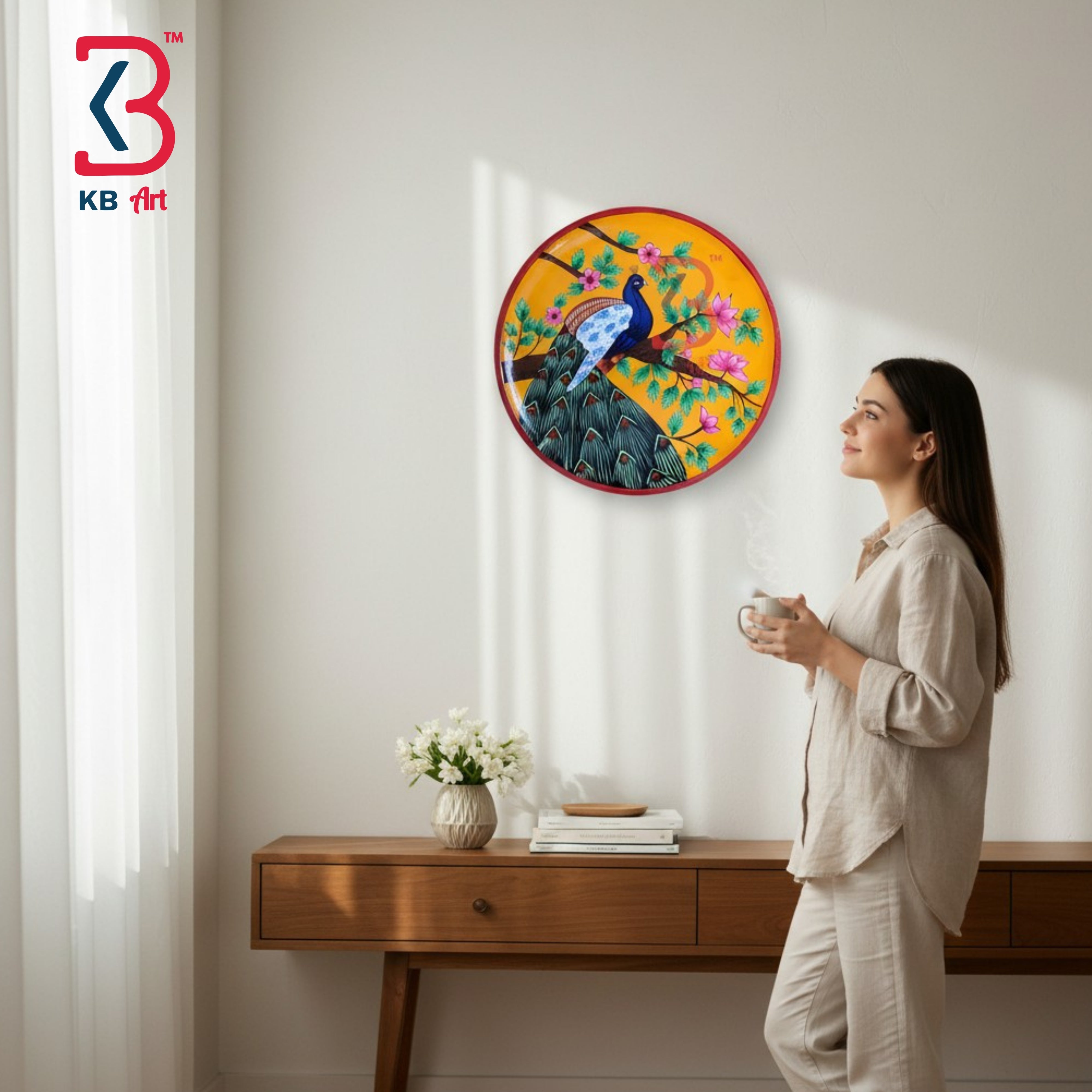 KB ART Handcrafted wooden 12 inch birds wall plate decor peacock – original product photo on white background