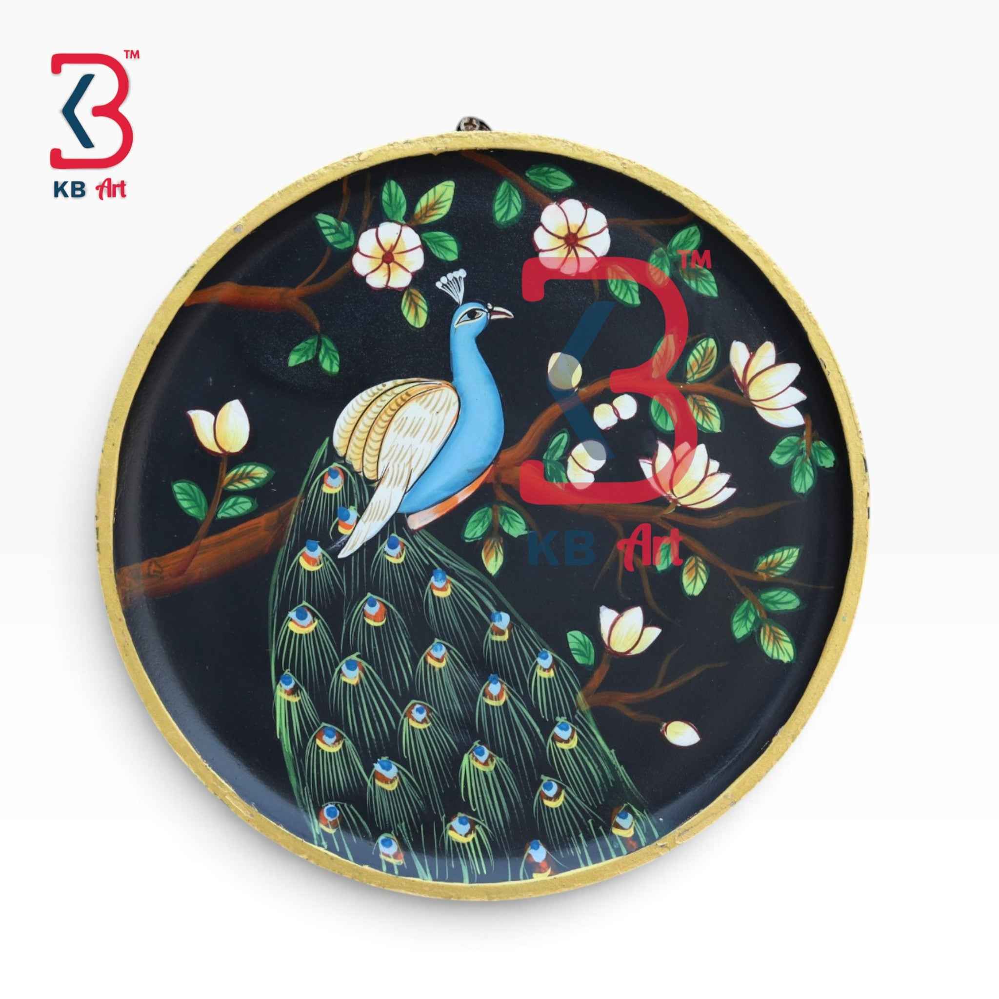 KB ART 12 Inch Handcrafted Wooden Wall Plate Royal Peacock Blooming Magnolia Midnight Black Wall Decor