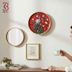 KB ART 12 Inch Handcrafted Wooden Wall Plate Royal Peacock Magnolia Blossoms Crimson Red Wall Decor