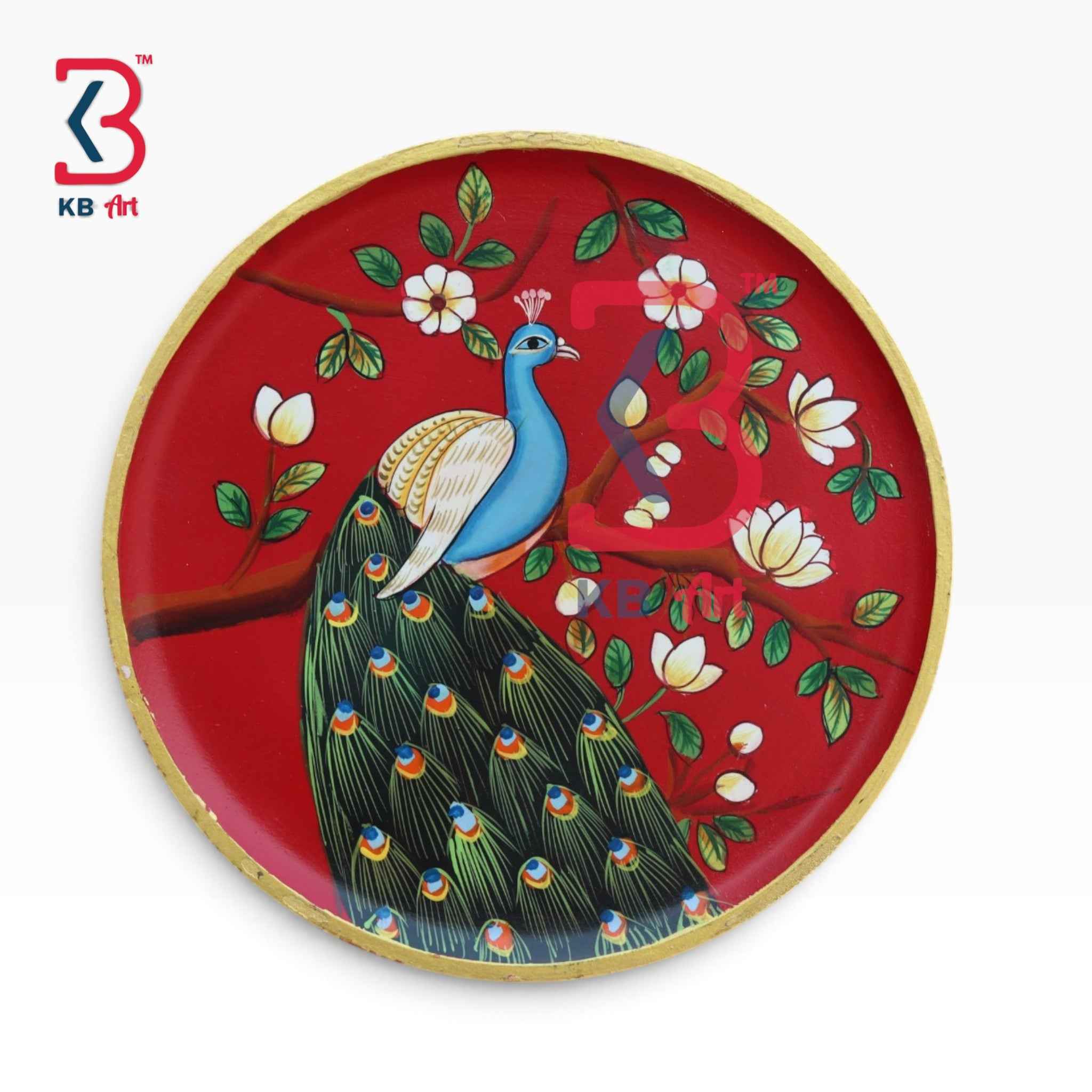 KB ART 12 Inch Handcrafted Wooden Wall Plate Royal Peacock Magnolia Blossoms Crimson Red Wall Decor