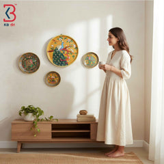 KB ART 12 Inch Handcrafted Wooden Wall Plate Royal Peacock Amber Yellow Tree Traditional Wall Decor