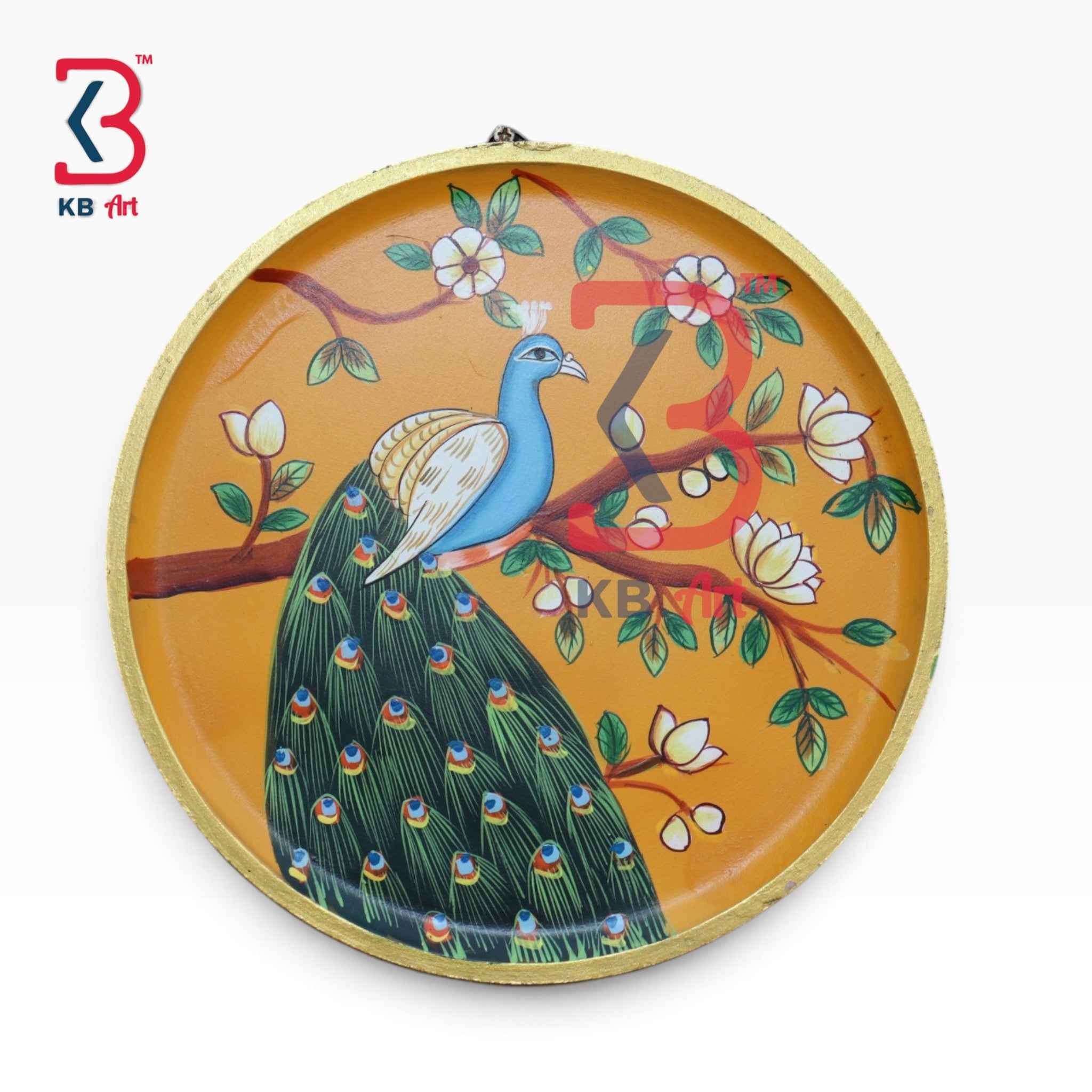 KB ART 12 Inch Handcrafted Wooden Wall Plate Royal Peacock Amber Yellow Tree Traditional Wall Decor
