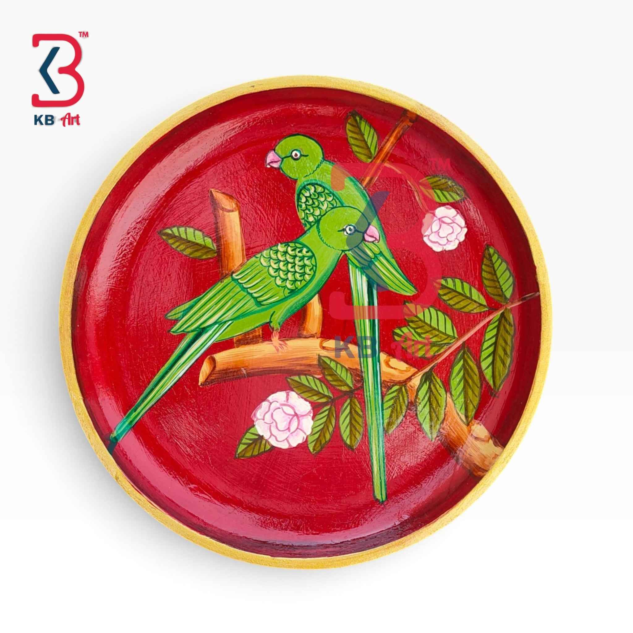 KB ART 12 Inch Handcrafted Wooden Wall Plate Twin Green Parrots Crimson Red Traditional Wall Decor