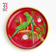 KB ART 12 Inch Handcrafted Wooden Wall Plate Twin Green Parrots Crimson Red Traditional Wall Decor