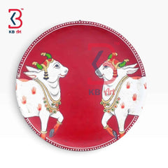 KB ART 12 Inch Handcrafted Wooden Wall Plate Pichwai Twin Prancing Cows Dotted Rim Crimson Wall Decor