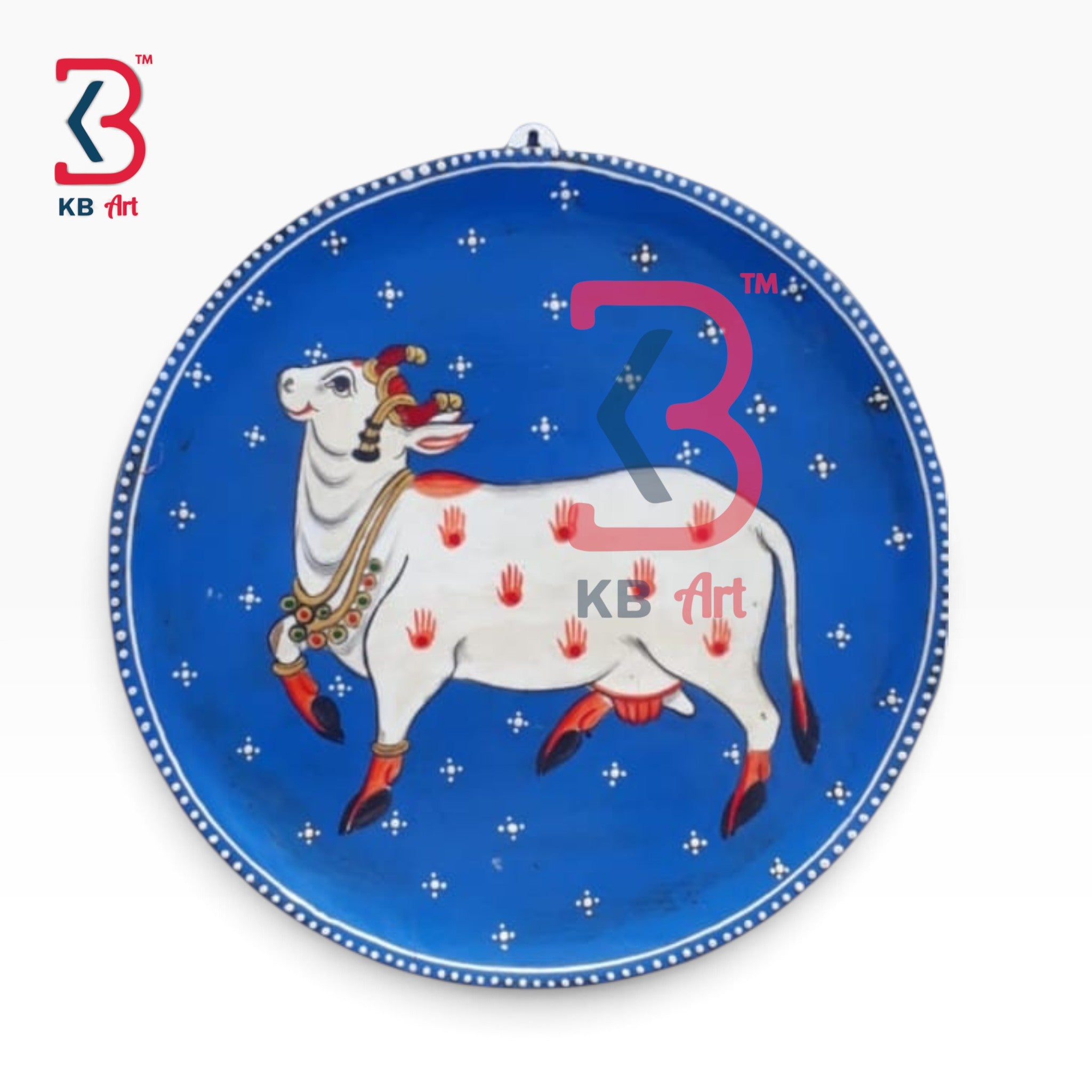 KB ART Decorative hand painted wood cow pichwai plate – styled home decor lifestyle view