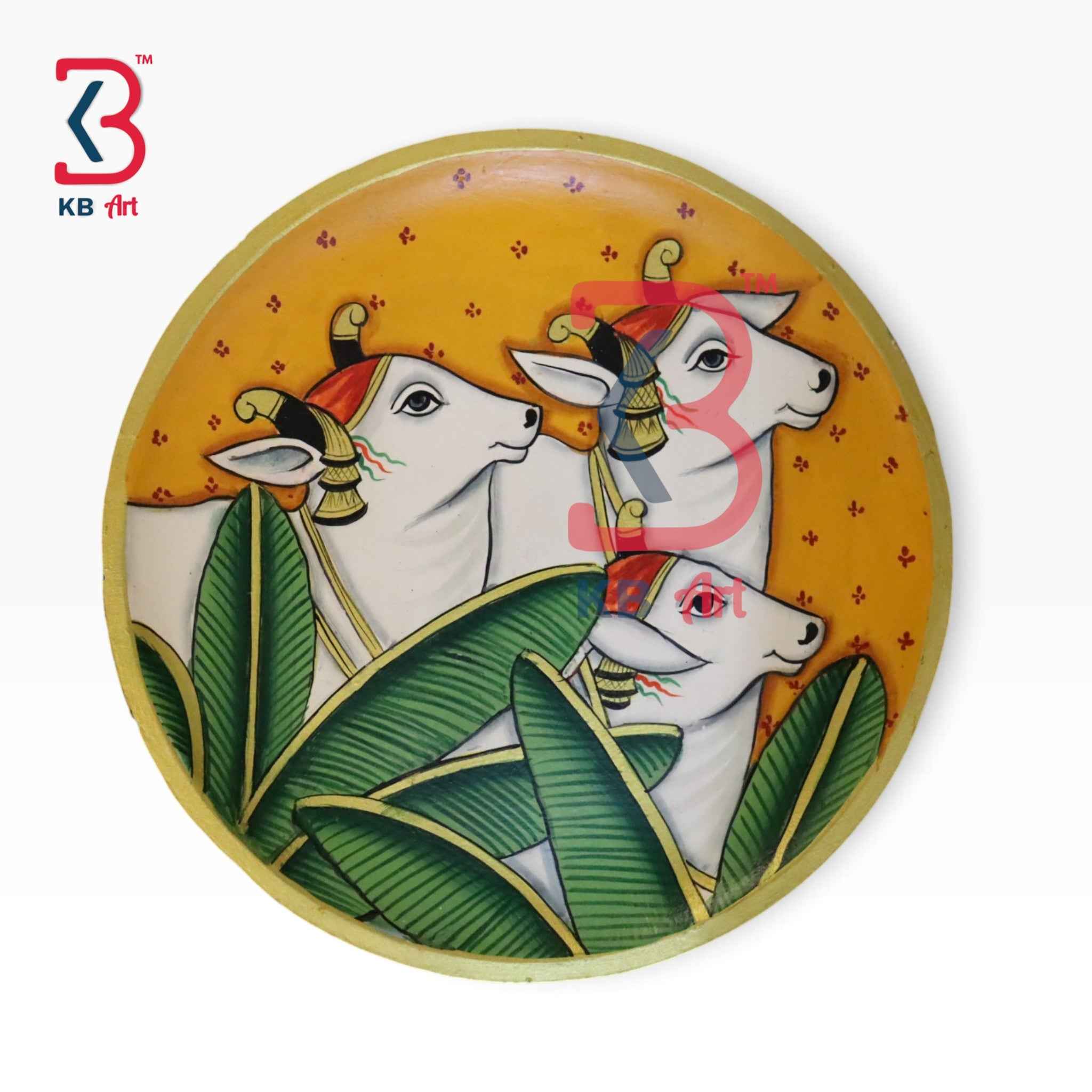 KB ART 12 Inch Handcrafted Wooden Wall Plate Pichwai Trio Cows Banana Leaves Mustard Yellow Wall Decor