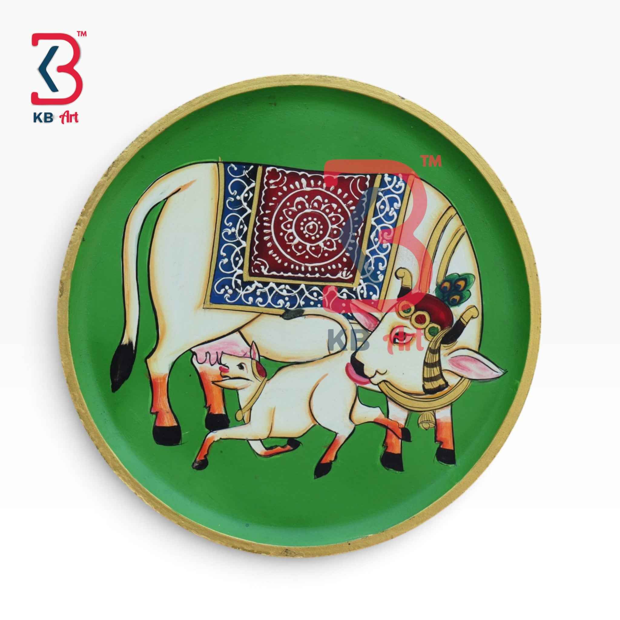 KB ART 12 Inch Handcrafted Wooden Wall Plate Pichwai Kamdhenu Cow Calf Emerald Green Field Wall Decor