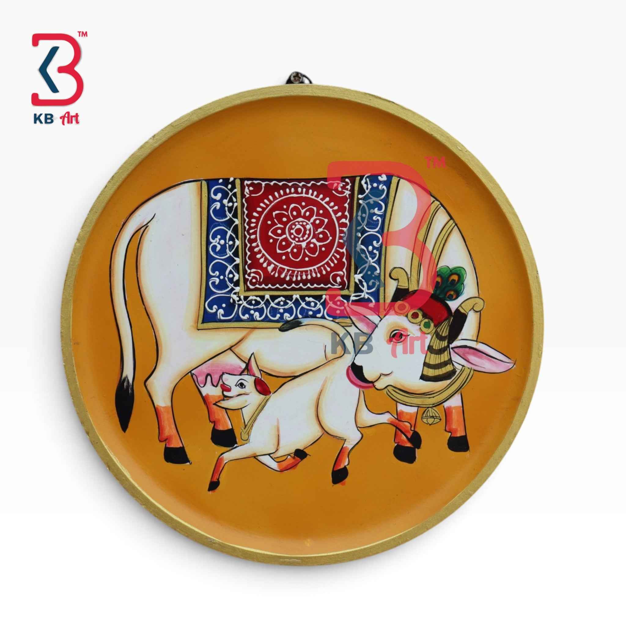 KB ART 12 Inch Handcrafted Wooden Wall Plate Pichwai Kamdhenu Cow Calf Amber Yellow Wall Decor