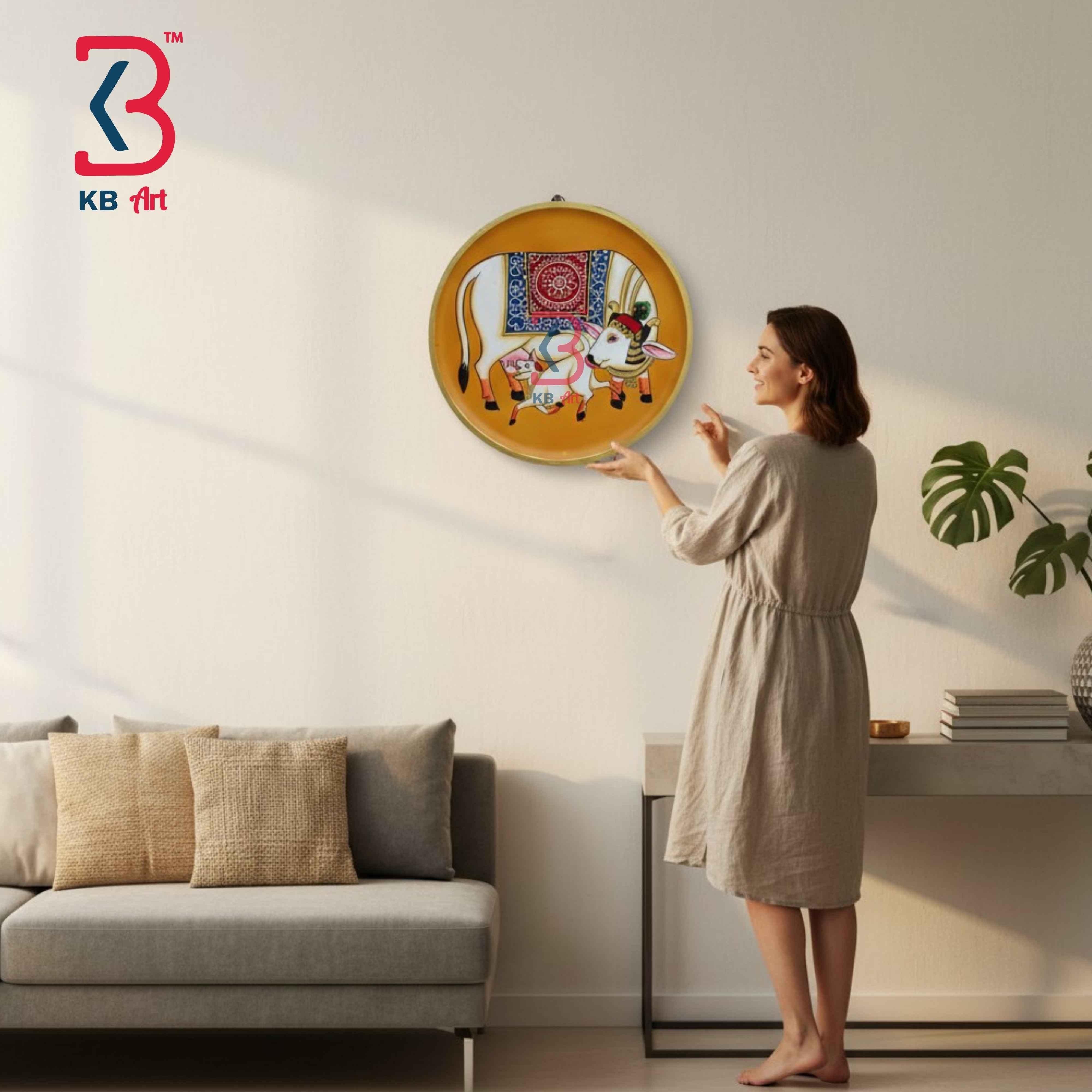 KB ART 12 Inch Handcrafted Wooden Wall Plate Pichwai Kamdhenu Cow Calf Amber Yellow Wall Decor