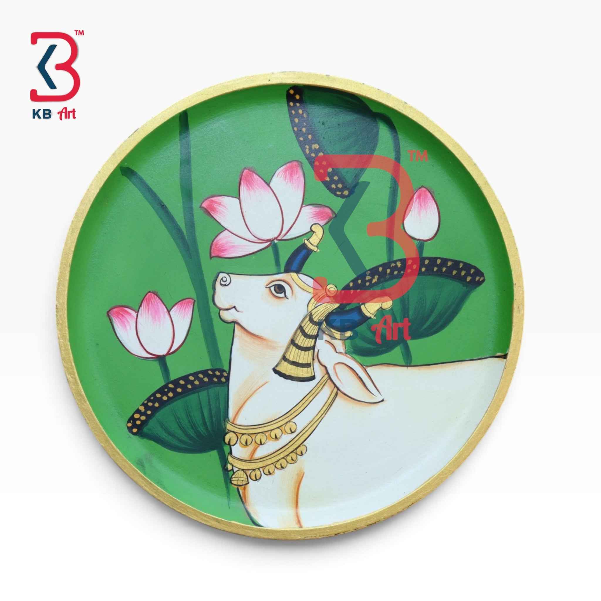 KB ART 12 Inch Handcrafted Wooden Wall Plate Pichwai Sacred Cow Lotus Pond Emerald Green Wall Decor