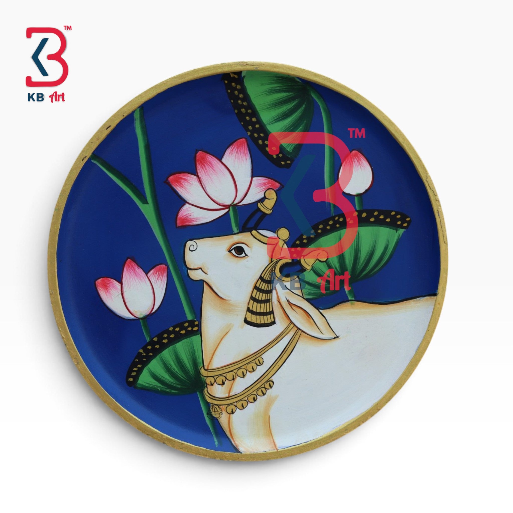 KB ART Handcrafted artistic wooden cow pichwai wall plate – styled home decor lifestyle view