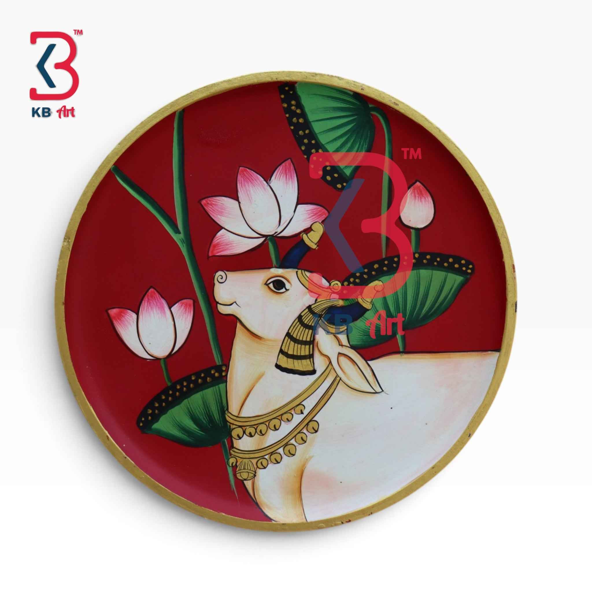 KB ART 12 Inch Handcrafted Wooden Wall Plate Pichwai Sacred Cow Lotus Pond Crimson Red Wall Decor