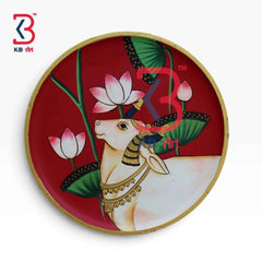KB ART 12 Inch Handcrafted Wooden Wall Plate Pichwai Sacred Cow Lotus Pond Crimson Red Wall Decor