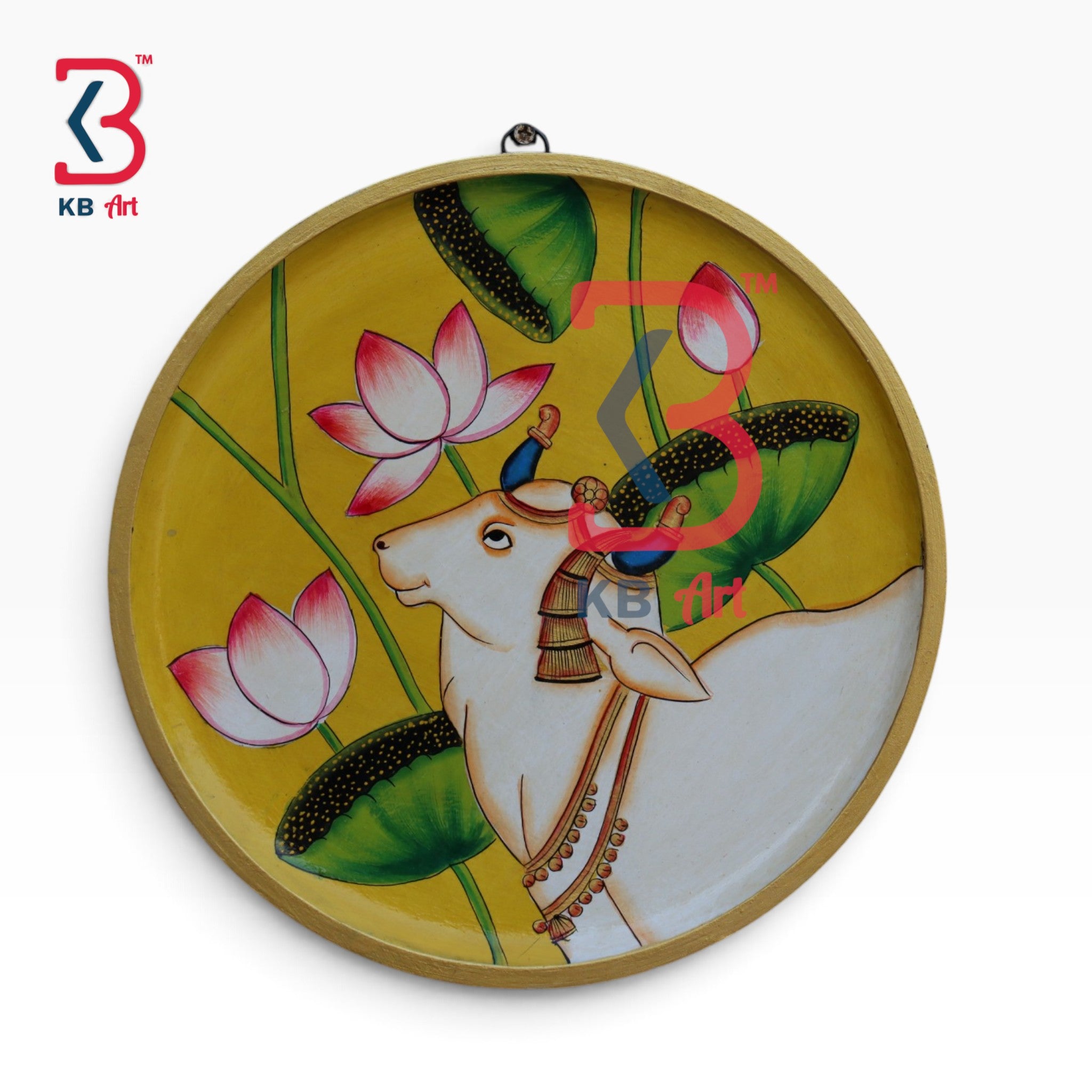 KB ART Authentic hand painted wooden cow pichwai plate art – styled home decor lifestyle view