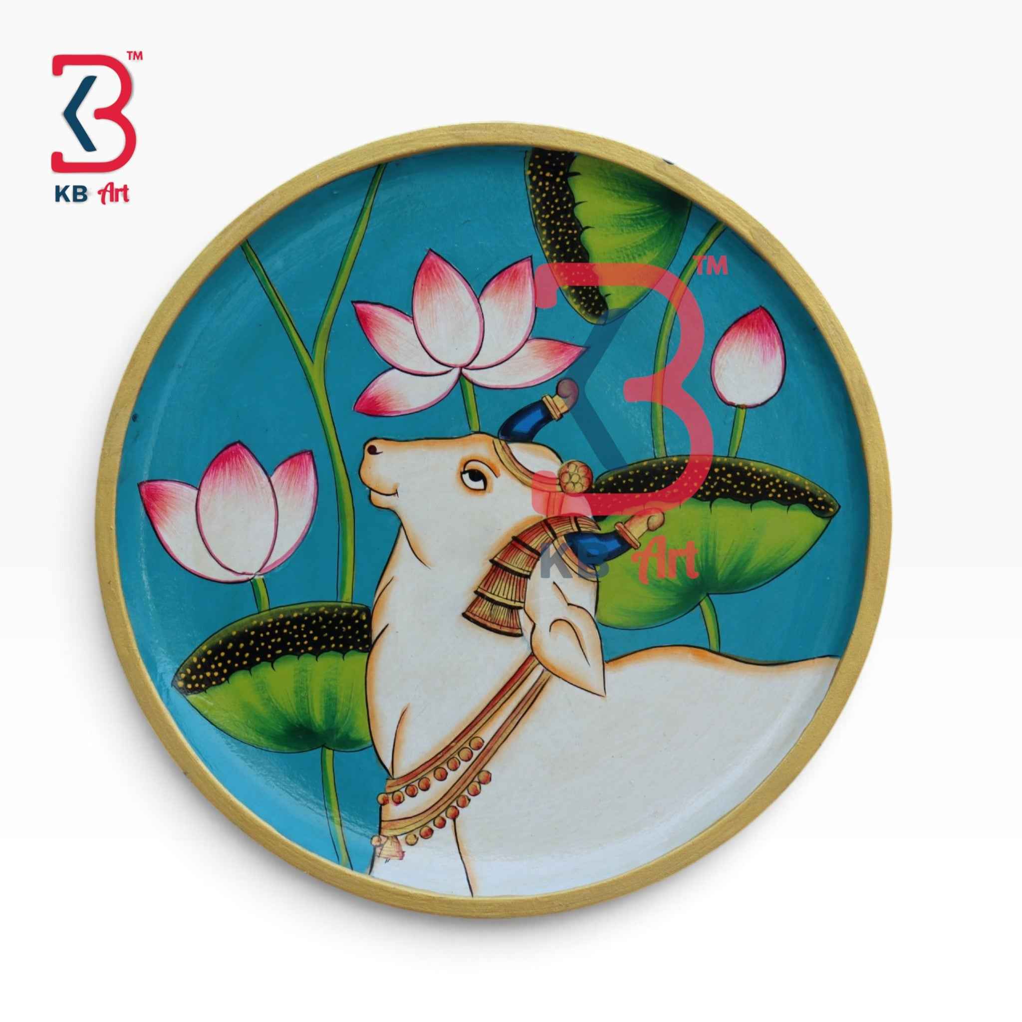 KB ART 12 Inch Handcrafted Wooden Wall Plate Pichwai Sacred Cow Lotus Pond Turquoise Blue Wall Decor