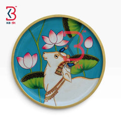 KB ART 12 Inch Handcrafted Wooden Wall Plate Pichwai Sacred Cow Lotus Pond Turquoise Blue Wall Decor