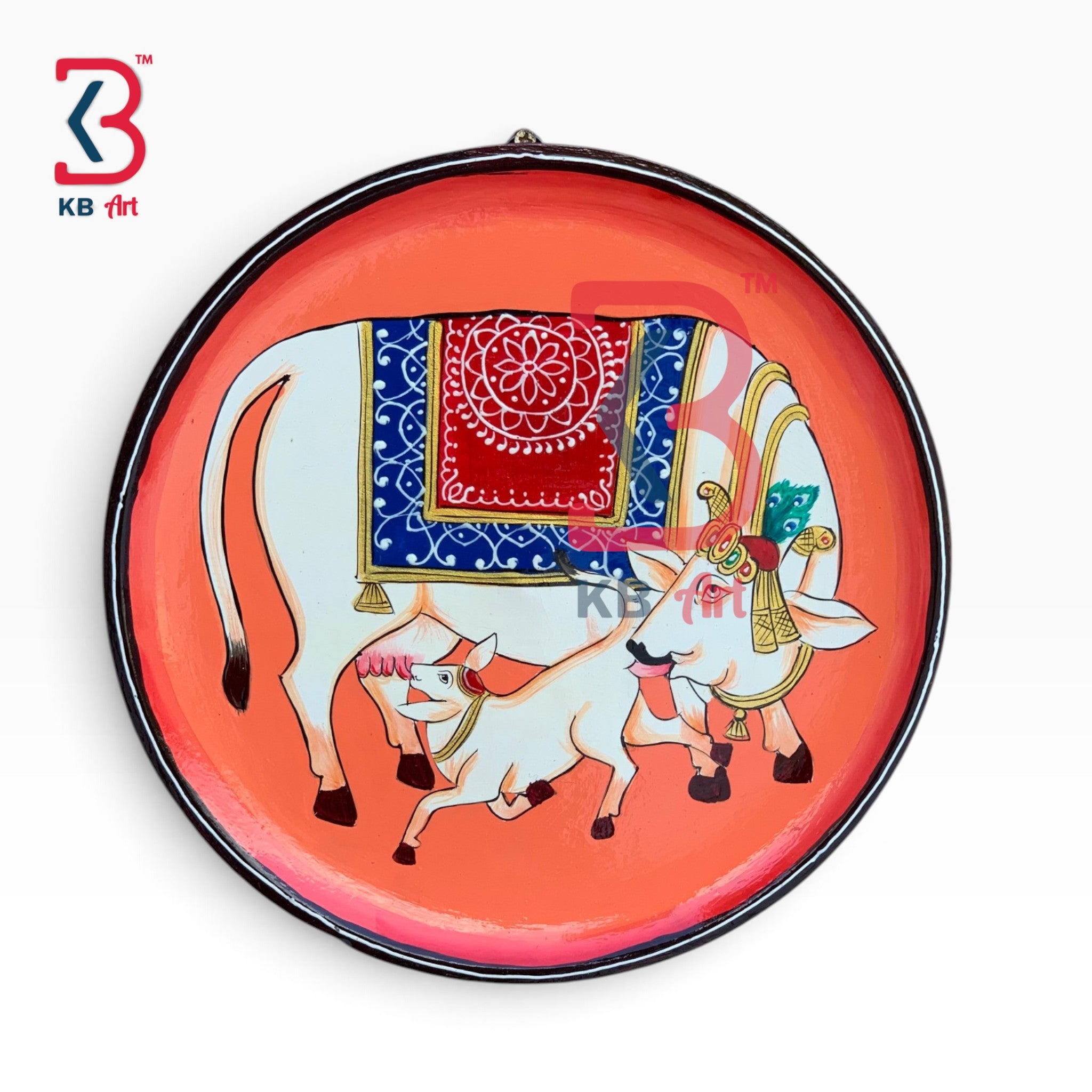 KB ART Artisan crafted wooden round pichwai cow plate decor – styled home decor lifestyle view