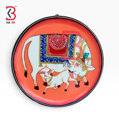 KB ART Artisan crafted wooden round pichwai cow plate decor – styled home decor lifestyle view