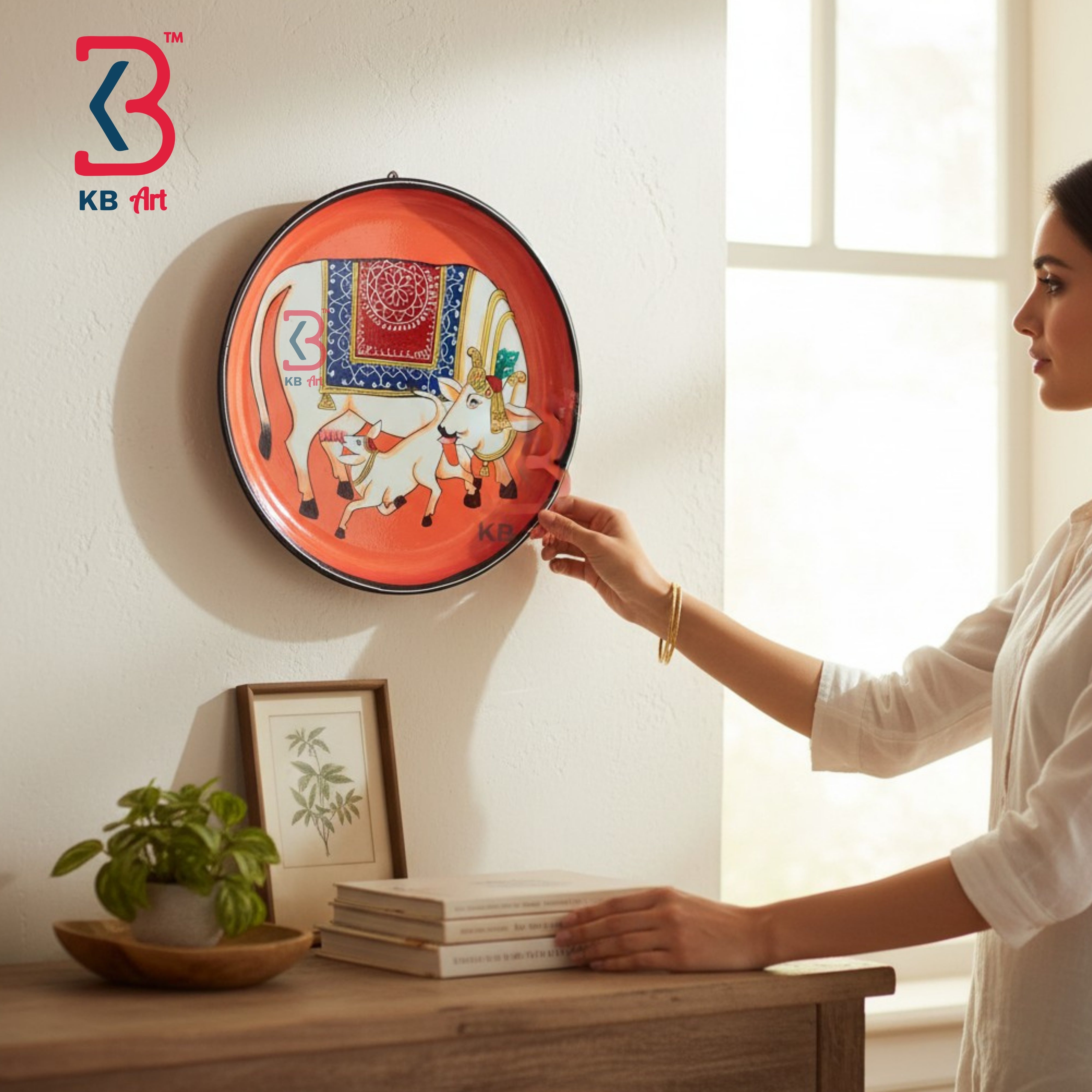 KB ART Oho rustic 12 inch wood pichwai cow plate showpiece – original product photo on white background