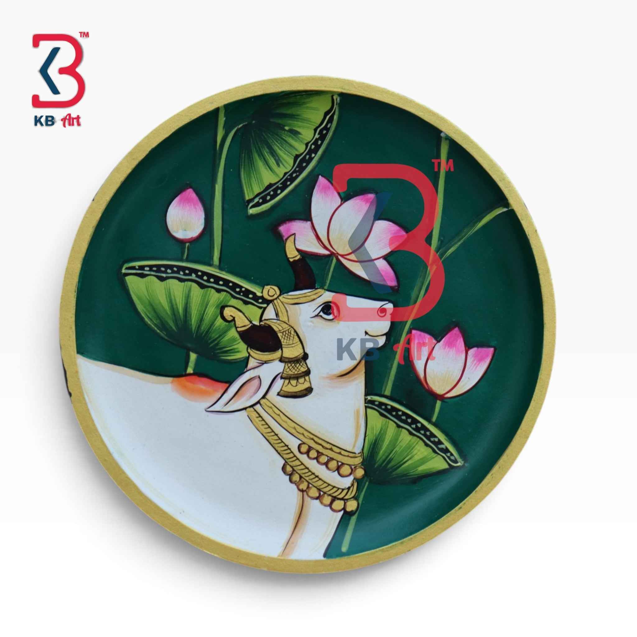 KB ART 12 Inch Handcrafted Wooden Wall Plate Pichwai Sacred Cow Profile Emerald Green Wall Decor