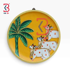 KB ART 12 Inch Handcrafted Wooden Wall Plate Pichwai Three Cows Palm Tree Mustard Yellow Wall Decor