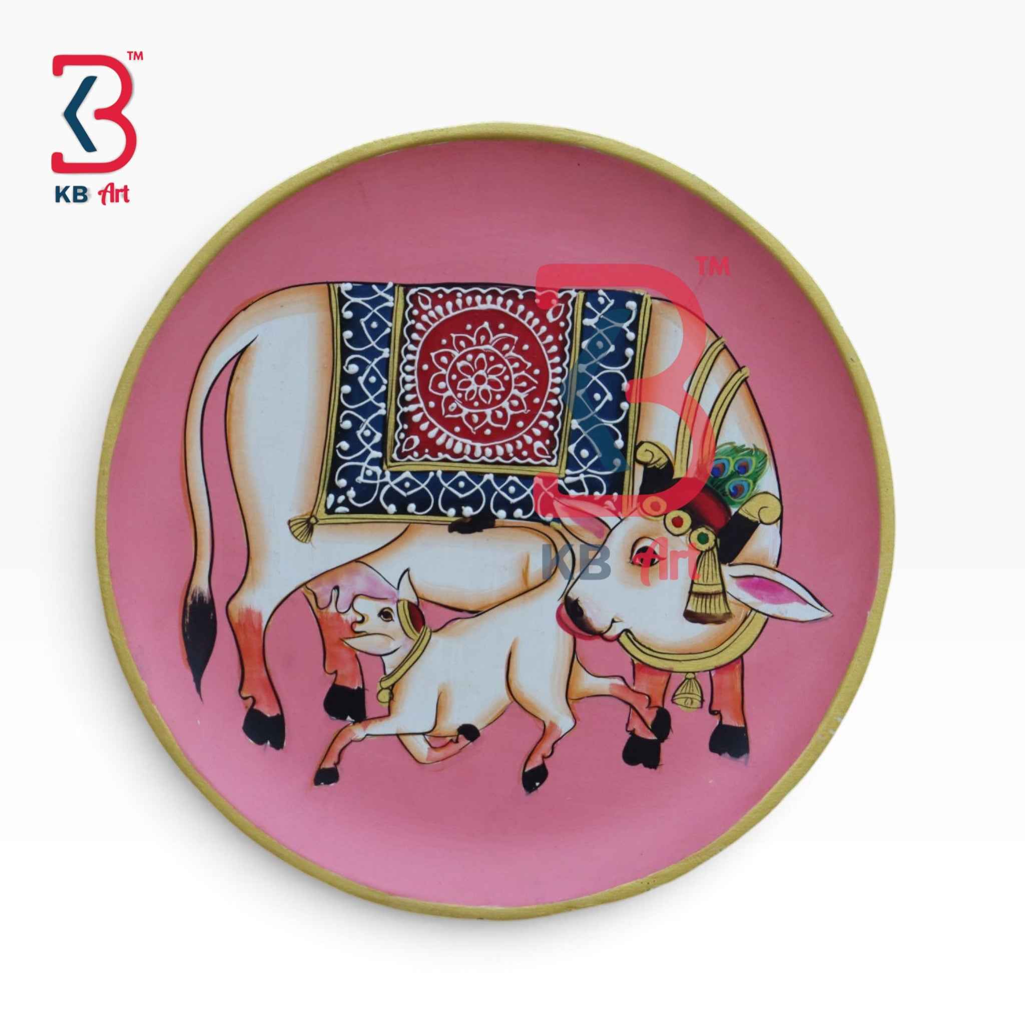 KB ART 12 Inch Handcrafted Wooden Wall Plate Pichwai Kamdhenu Cow Calf Pink Field Wall Decor