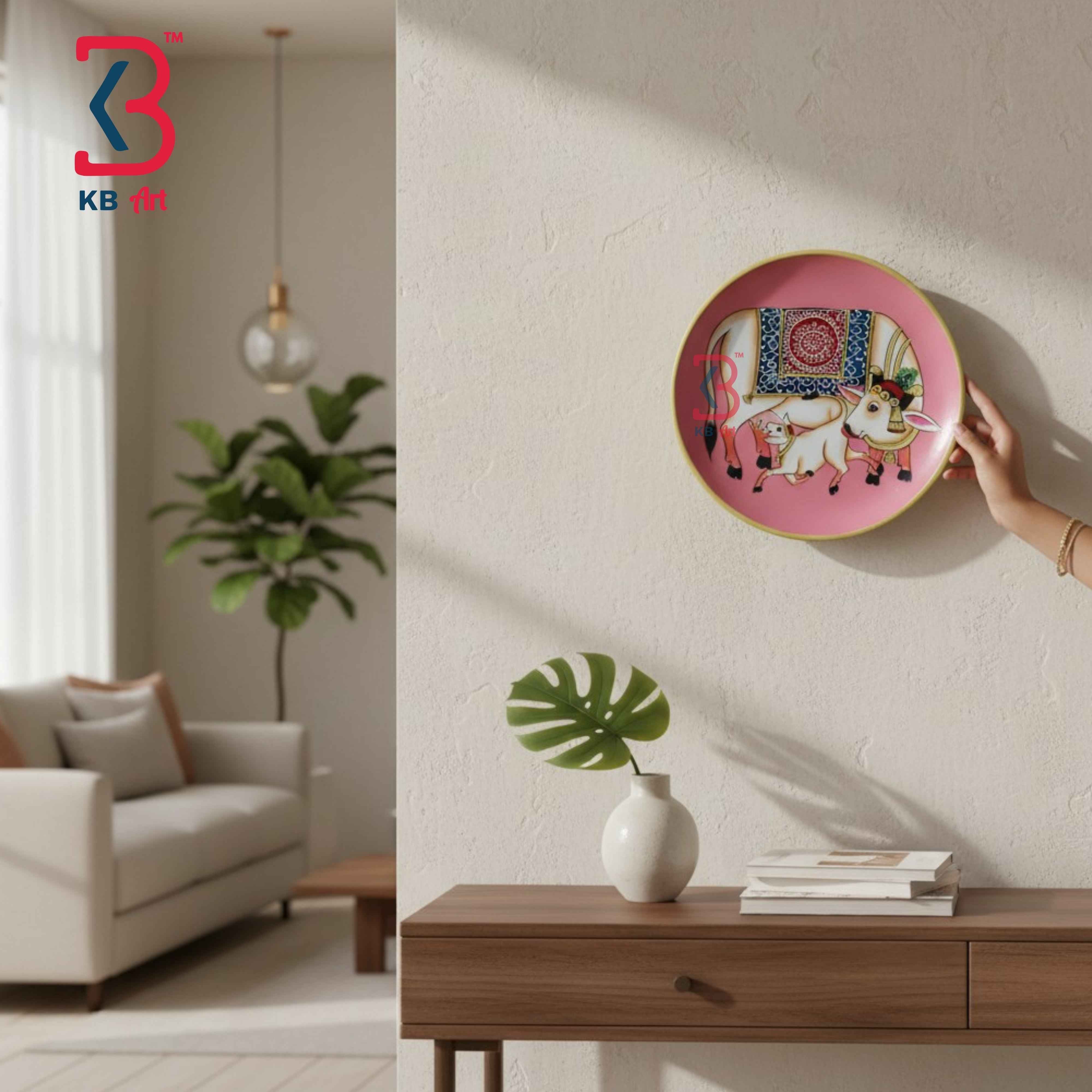KB ART 12 Inch Handcrafted Wooden Wall Plate Pichwai Kamdhenu Cow Calf Pink Field Wall Decor