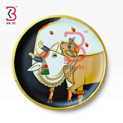 KB ART 12 Inch Handcrafted Wooden Wall Plate Pichwai Twin Sacred Cows Midnight Black Gold Wall Decor
