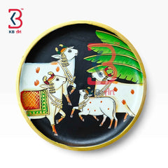 KB ART 12 Inch Handcrafted Wooden Wall Plate Pichwai Kamdhenu Cows Calves Banana Leaves Black Wall Decor