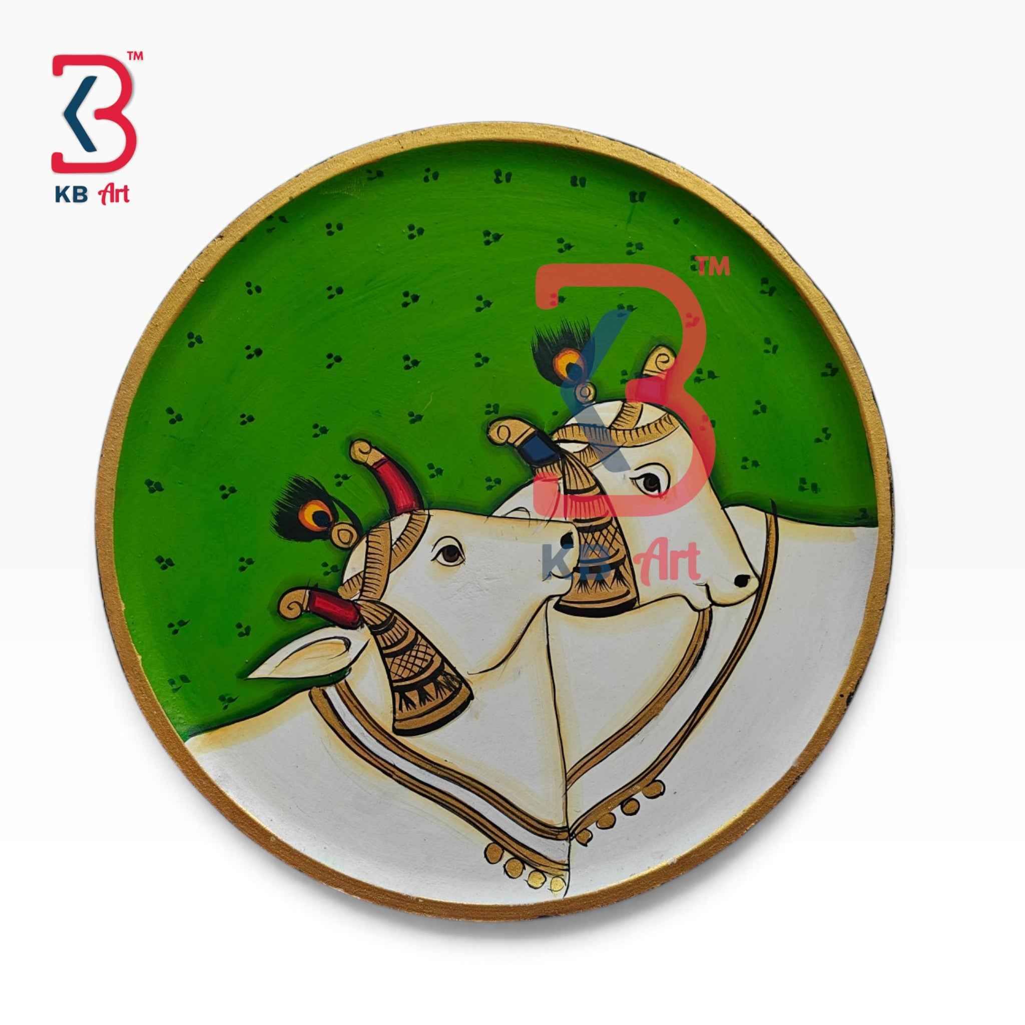 KB ART 12 Inch Handcrafted Wooden Wall Plate Pichwai Twin Cows Peacock Headdress Emerald Green Wall Decor