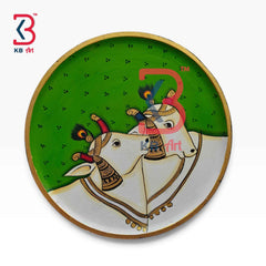 KB ART 12 Inch Handcrafted Wooden Wall Plate Pichwai Twin Cows Peacock Headdress Emerald Green Wall Decor