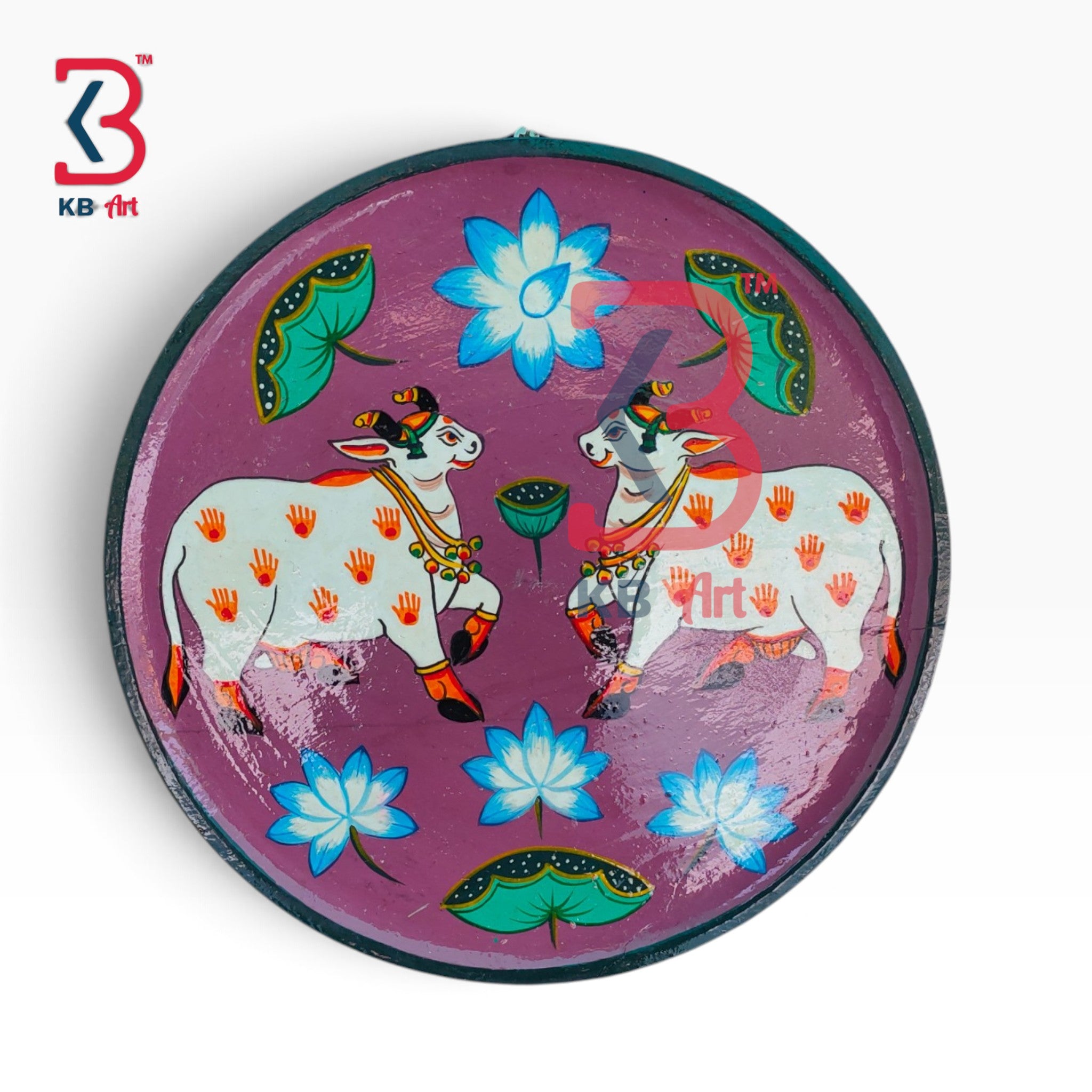 KB ART Ethnic rajasthani solid wood cow pichwai plate – styled home decor lifestyle view
