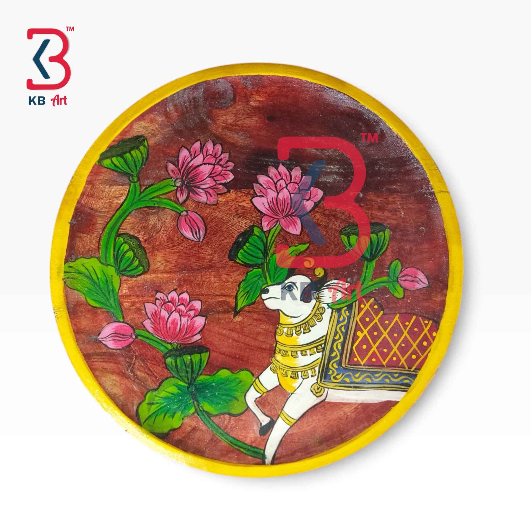KB ART 12 Inch Handcrafted Wooden Wall Plate Pichwai Sacred Cow Lotus Pond Distressed Redwood Wall Decor