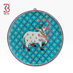 KB ART 12 Inch Handcrafted Wooden Wall Plate Pichwai Sacred Cow Turquoise Quatrefoil Jali Wall Decor