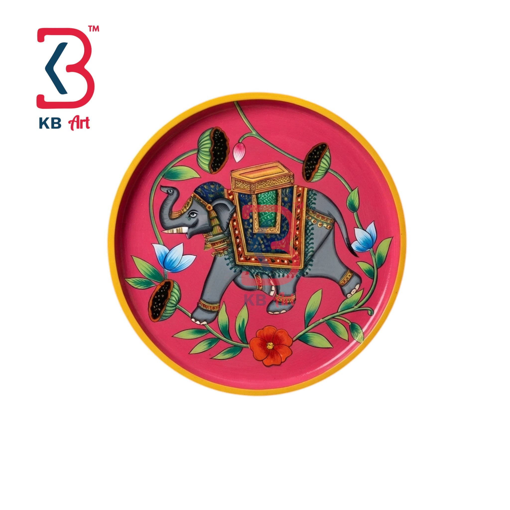KB ART Traditional rajasthani hand painted 12 inch wood elephant pichwai wall plat – styled home decor lifestyle view