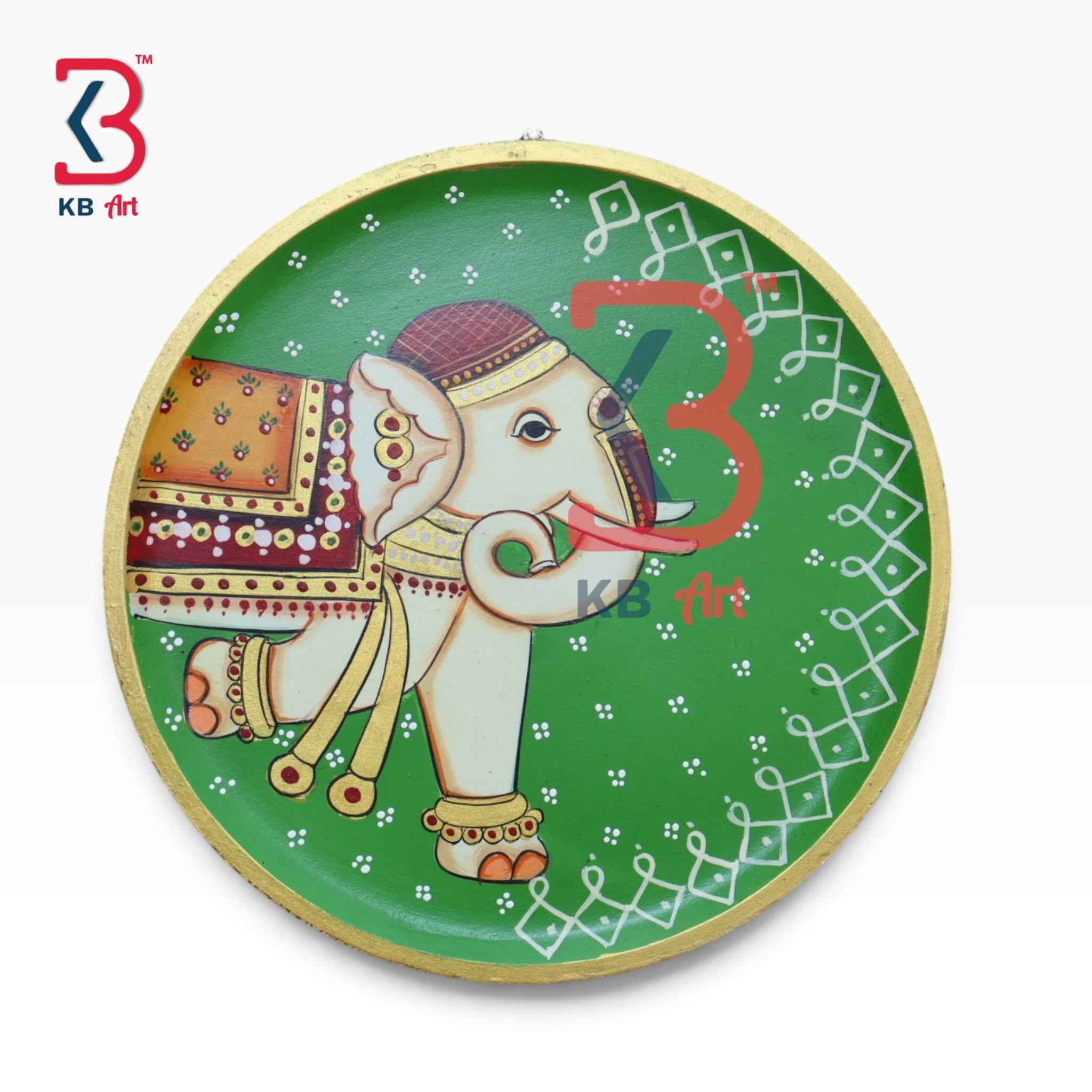 KB ART 12 Inch Handcrafted Wooden Wall Plate Pichwai Ceremonial Elephant Kolam Emerald Green Wall Decor