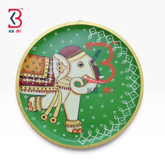 KB ART 12 Inch Handcrafted Wooden Wall Plate Pichwai Ceremonial Elephant Kolam Emerald Green Wall Decor