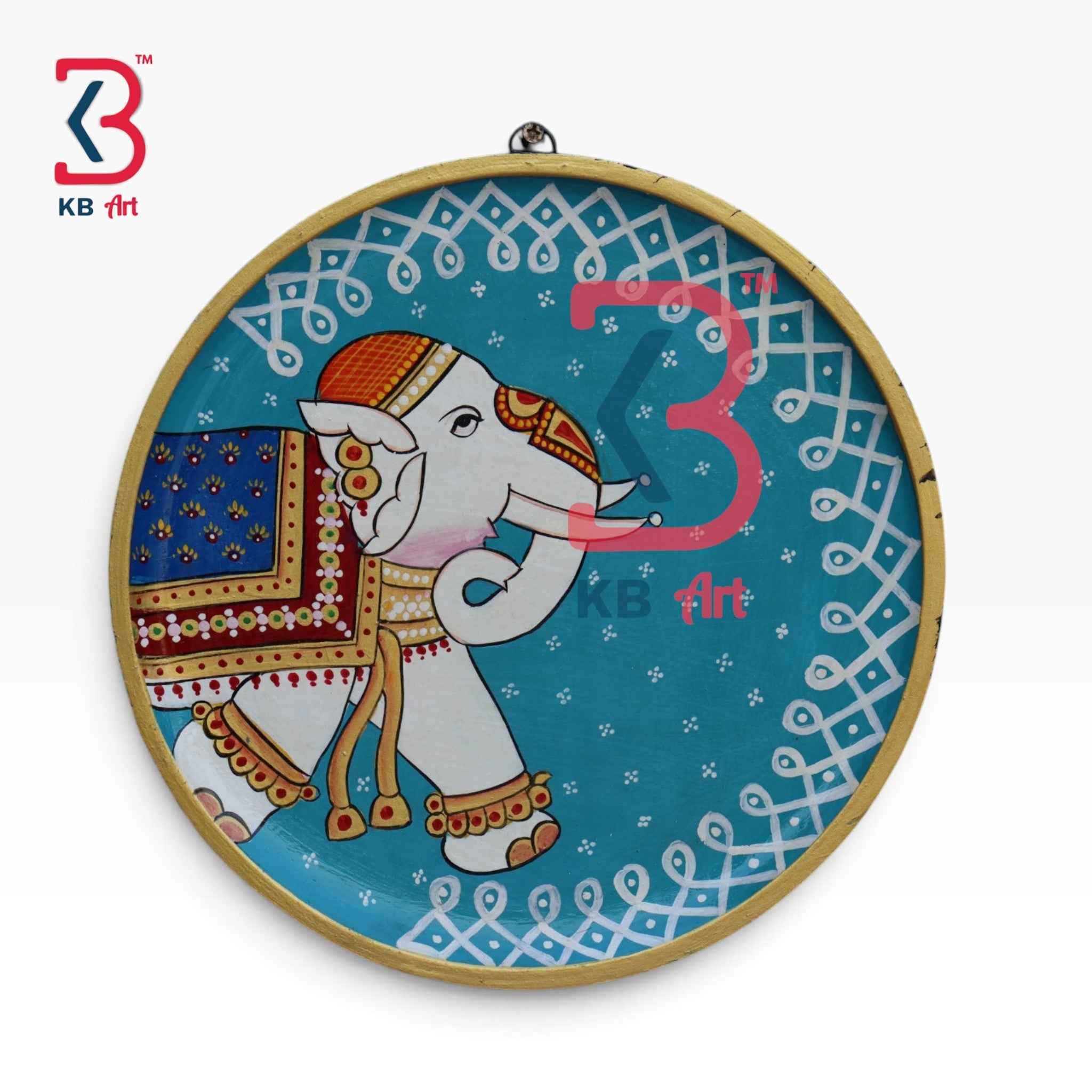 KB ART 12 Inch Handcrafted Wooden Wall Plate Pichwai Ceremonial Elephant Kolam Turquoise Blue Wall Decor