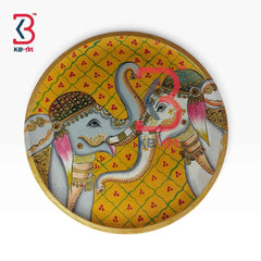 KB ART 12 Inch Handcrafted Wooden Wall Plate Pichwai Twin Elephants Yellow Lattice Wall Decor