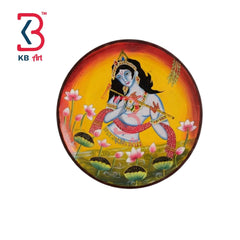 KB ART 12 Inch Handcrafted Wooden Wall Plate Pichwai Lord Krishna Flute Sunset Orange Wall Decor