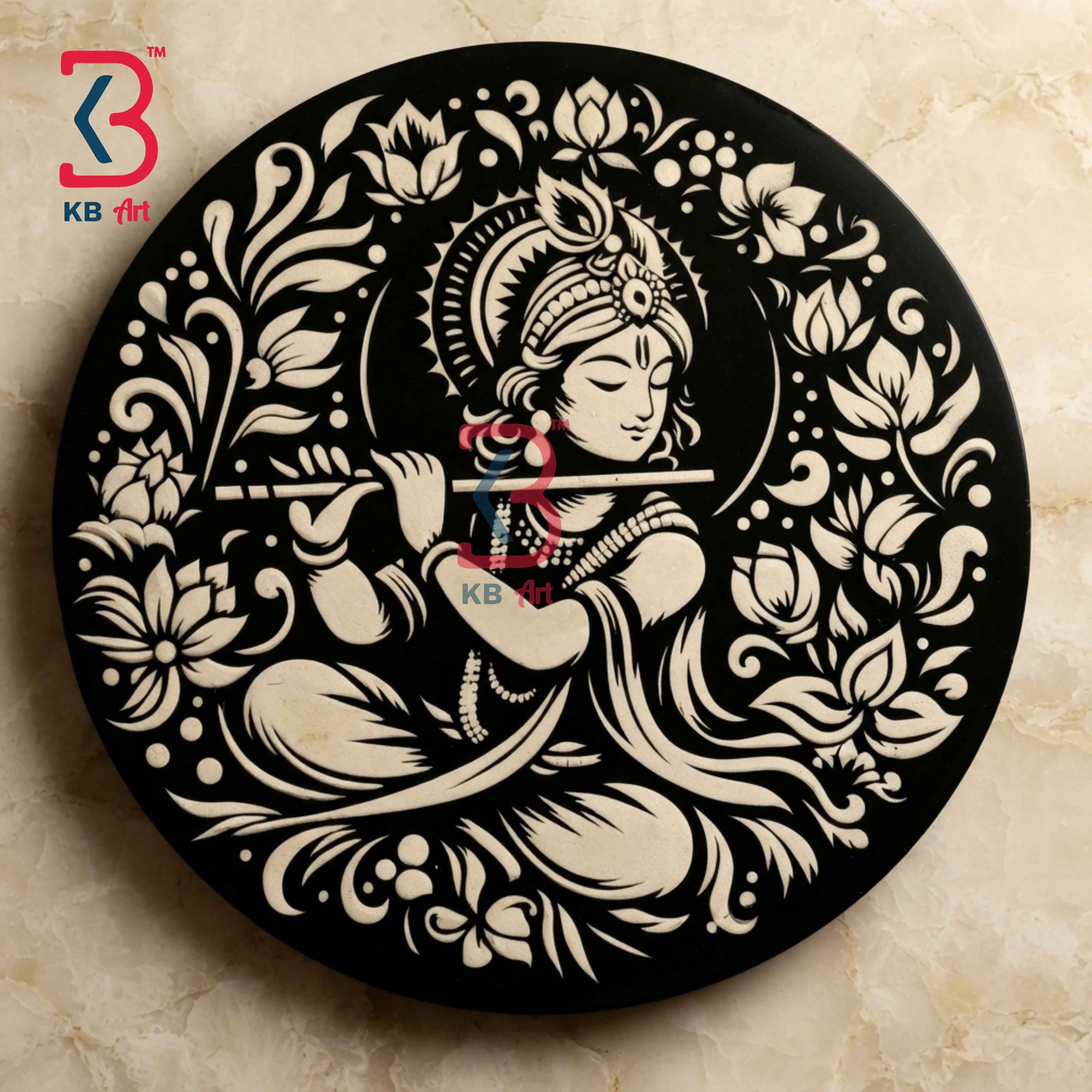 KB ART 12 Inch Handcrafted Wooden Wall Plate Pichwai Lord Krishna Flute Lotus Mandala Black Wall Decor
